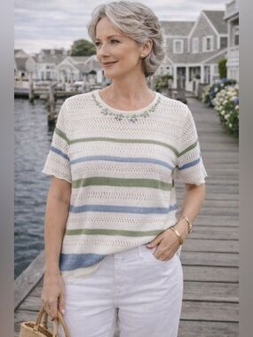 Alfred Dunner Striped Knit Top Embellished Neckline Size M Coastal Chic Sweater